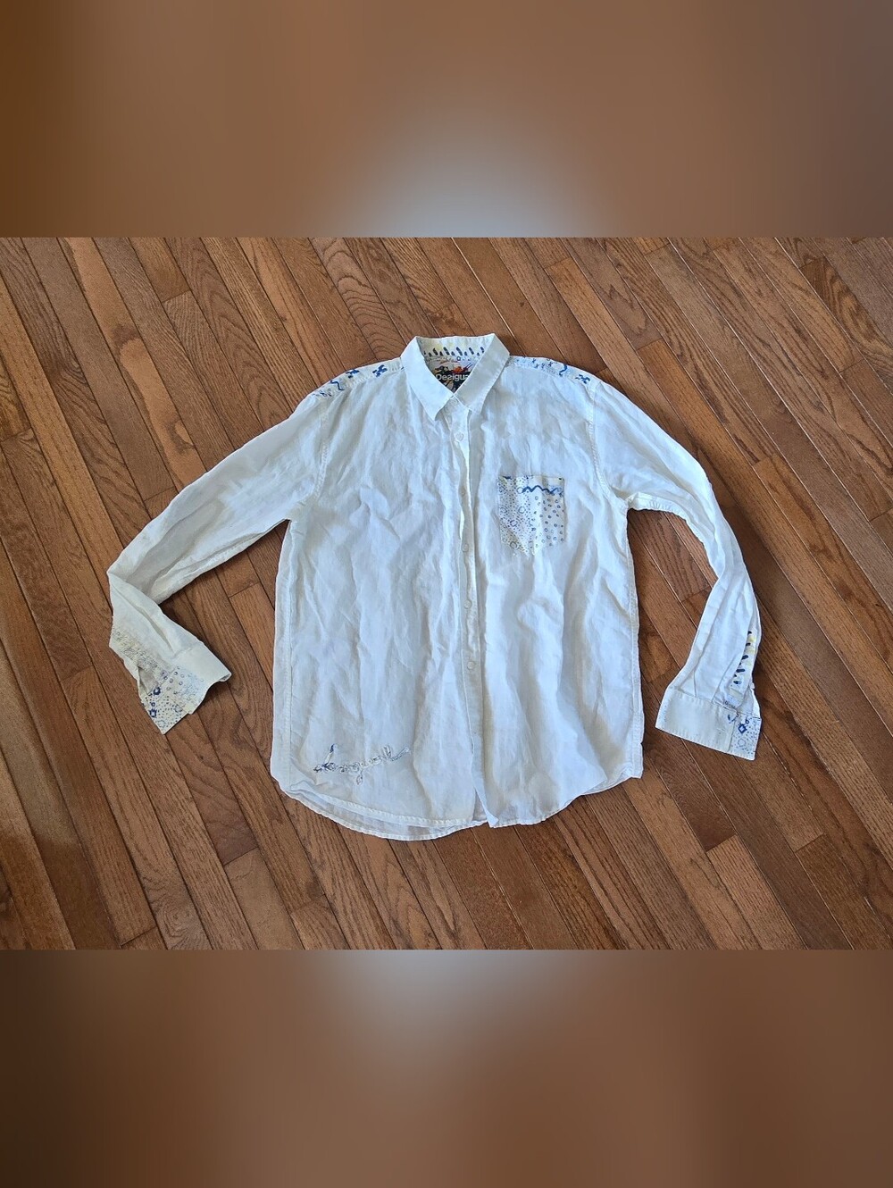 Desigual Cotton Linen Blend Mens Button Down White Shirt XXL